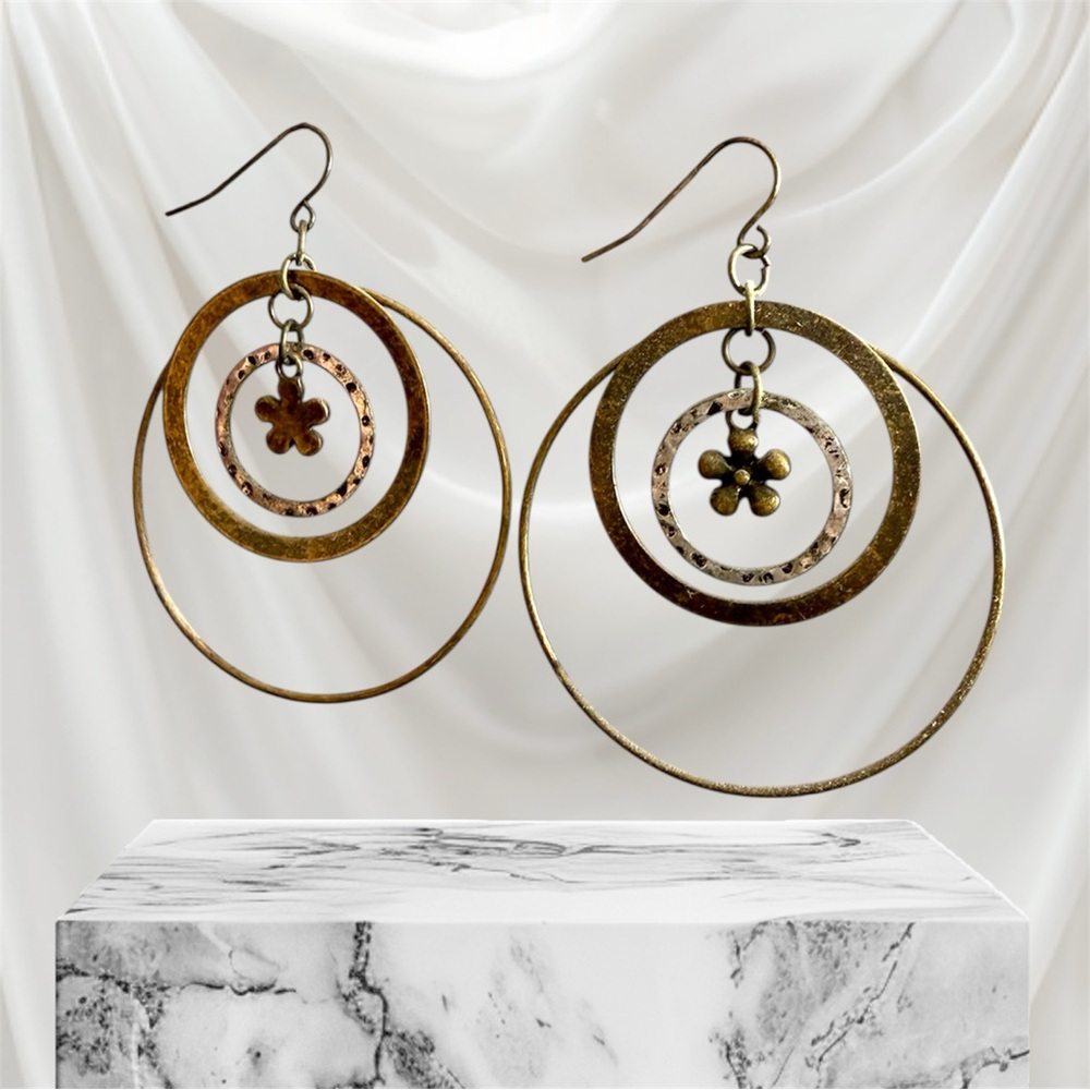 Gold-Tone Mixed. Teal Triple Hoop Floral Drop Earrings - Women Jewelry
